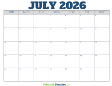 Free Blank July 2026 Calendar