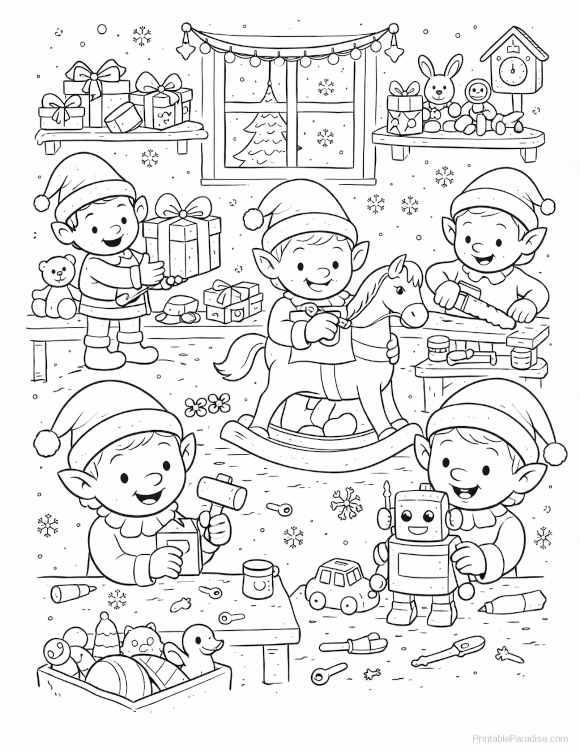 Printable Elves Making Toys Coloring Page