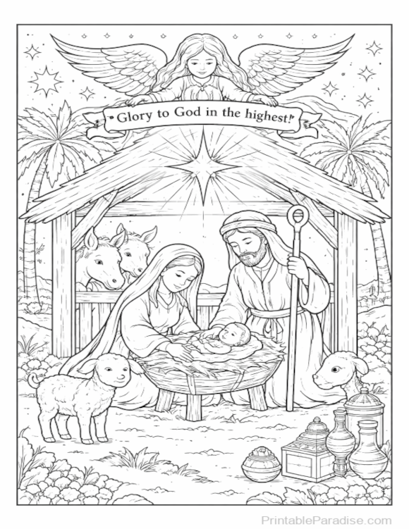Printable Nativity Scene Coloring Page