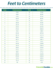 Feet to Centimeters Conversion Table