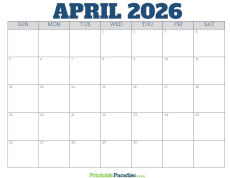 Free Blank April 2026 Calendar