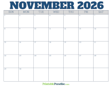 Free Blank November 2026 Calendar