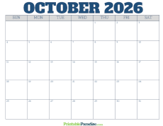 Free Blank October 2026 Calendar