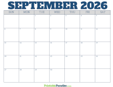 Free Blank September 2026 Calendar