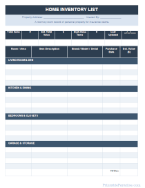 Home Inventory List Sheet