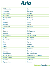 Asia Countries List