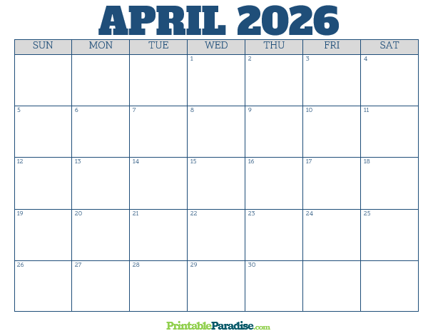 Printable April 2026 Calendar