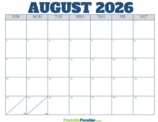 Printable August 2026 Calendar