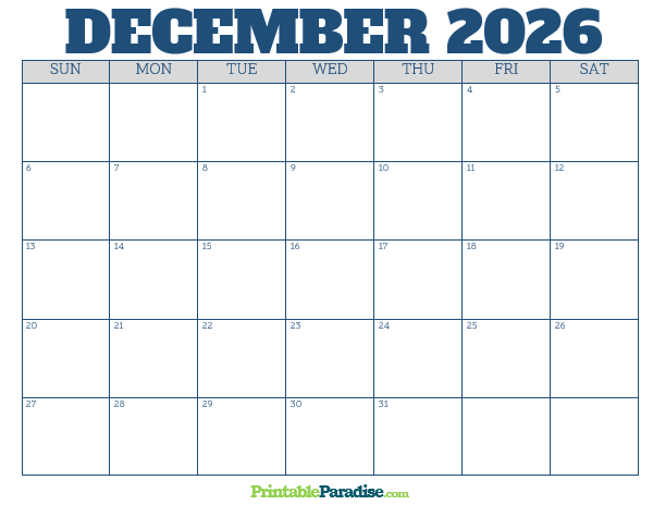 Printable December 2026 Calendar