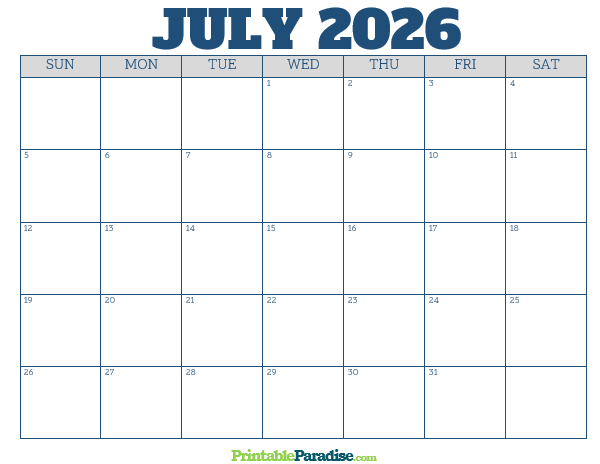 Printable July 2026 Calendar