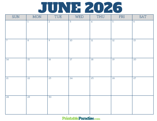 Printable June 2026 Calendar