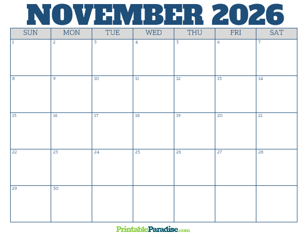 Printable November 2026 Calendar