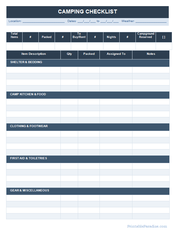 Printable Camping Checklist Sheet