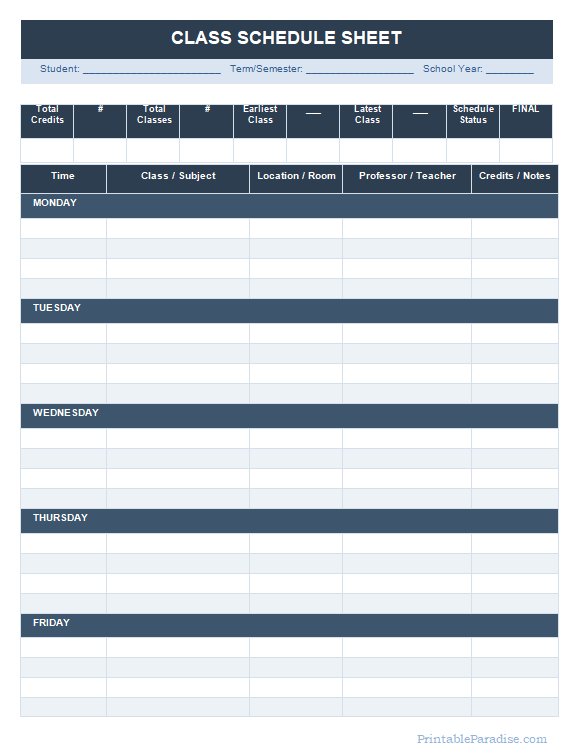 Printable Class Schedule Tracker Sheet Sheet