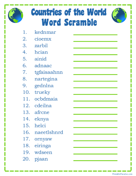 Printable Countries of the World Word Scramble