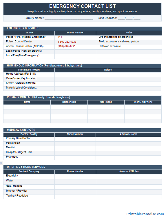 Printable Emergency Contact List Sheet