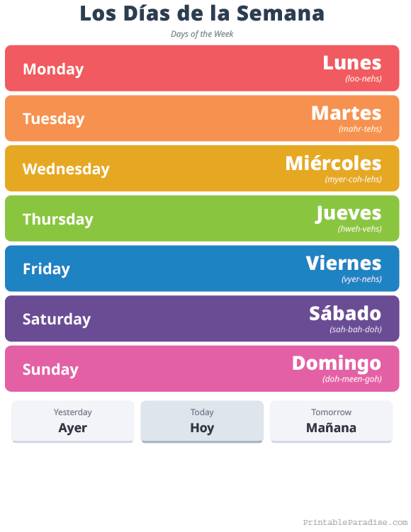 Printable English to Spanish Days of the Week