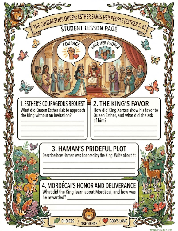 Printable Esther saves her People Lesson Worksheet