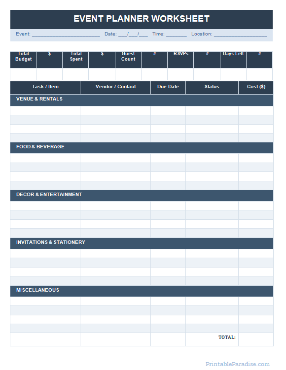 Printable Event Planner Worksheet Sheet