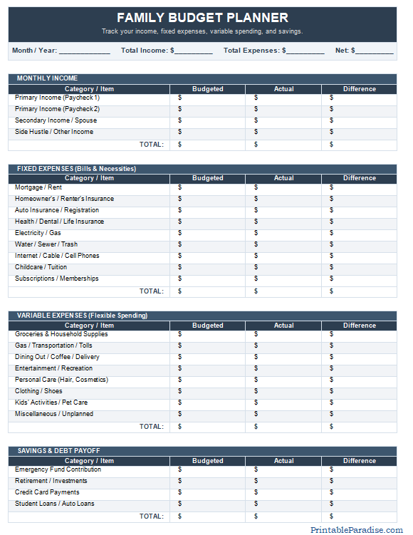Printable Family Budget Planner Sheet