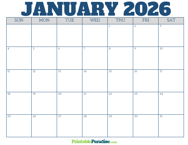 Printable January 2026 Calendar