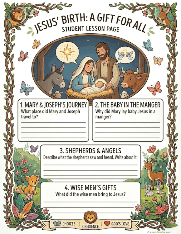 Printable Jesus Birth Lesson Worksheet