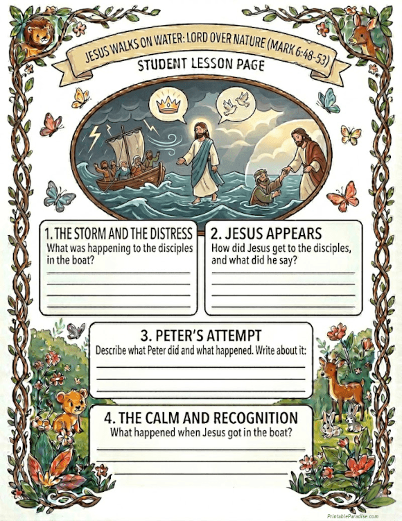 Printable Jesus Walks on Water Lesson Worksheet