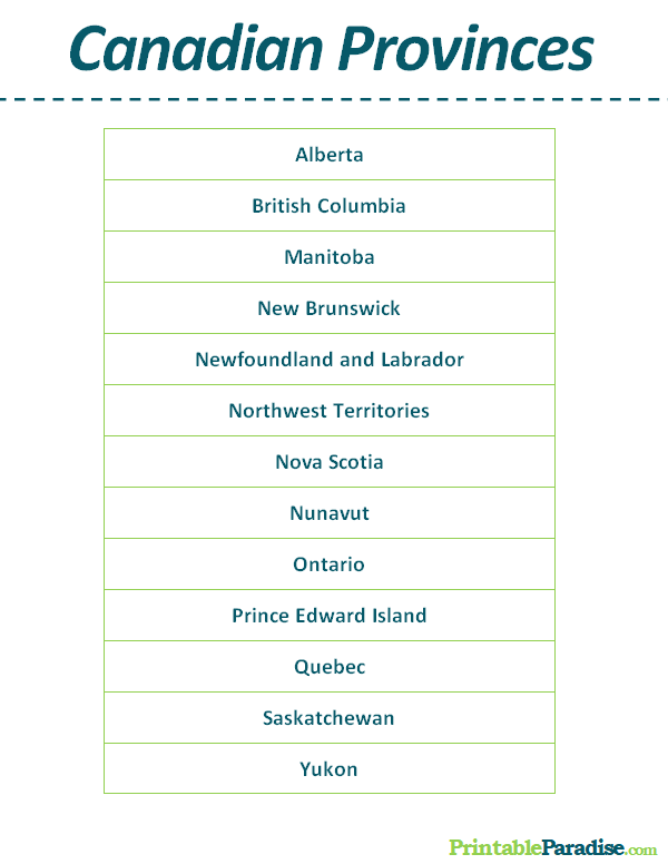 Printable List of Canadian Provinces