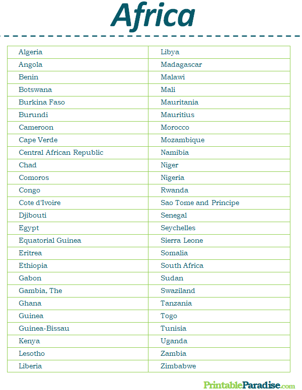 Printable List of Countries in Africa