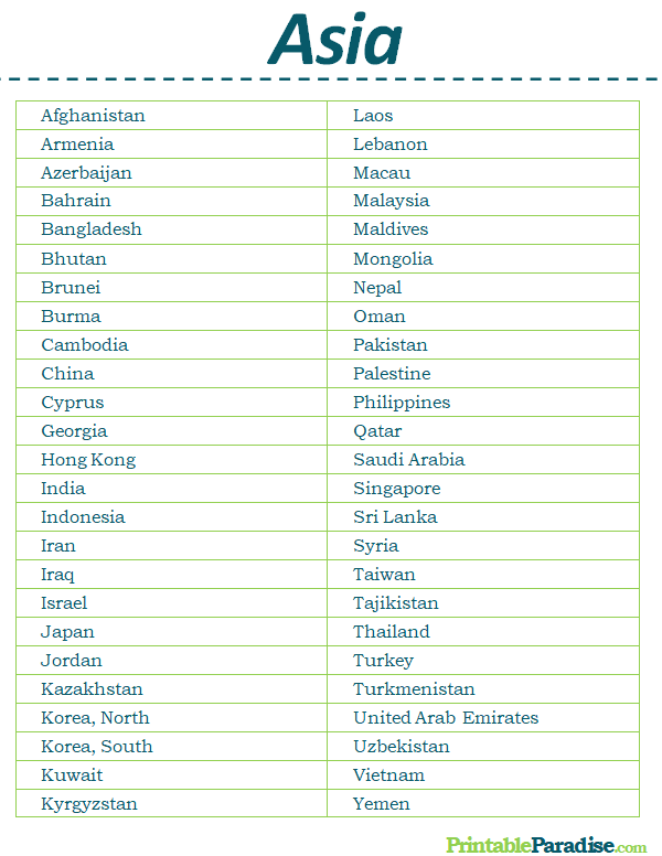 Printable List of Countries in Asia