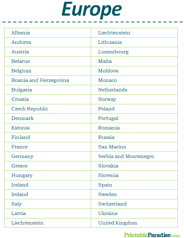 Printable List of Countries in Europe