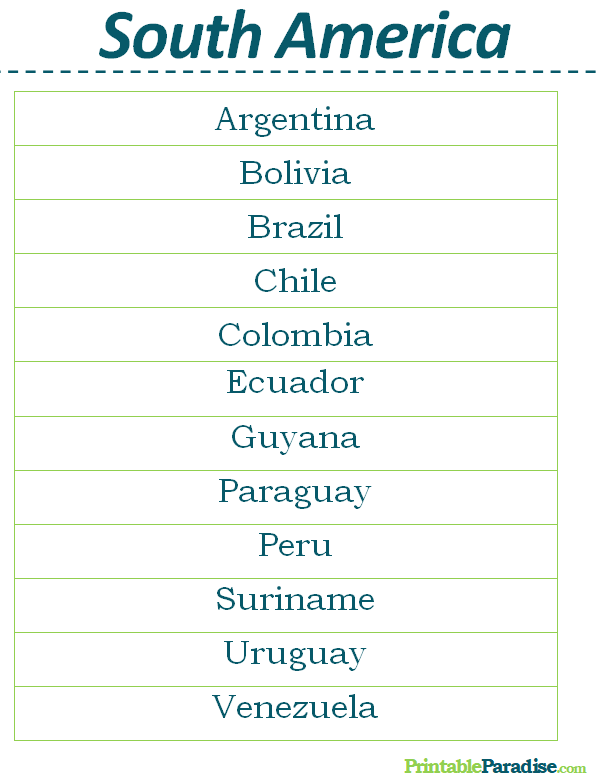 Printable List of Countries in South America