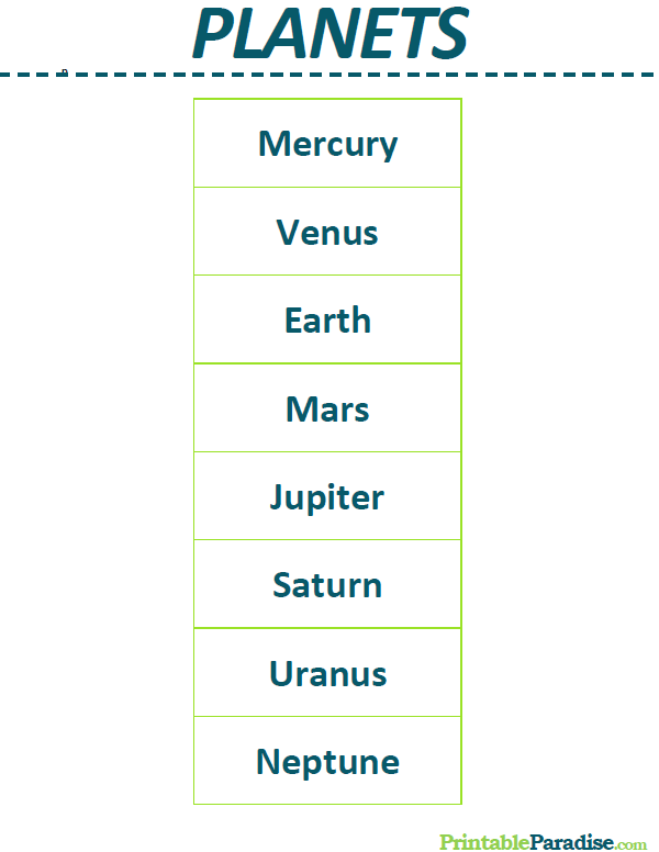 Printable List of 8 Planets