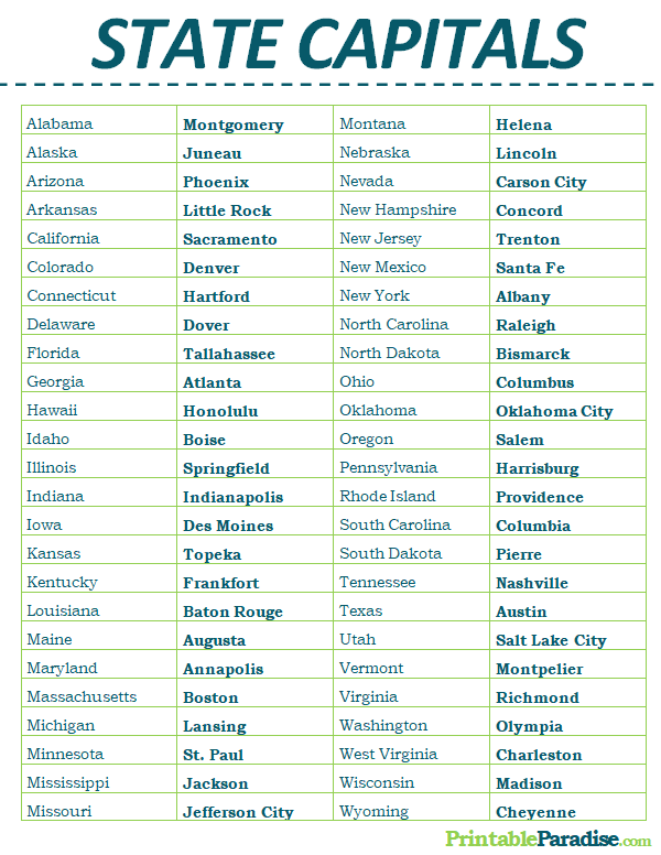 Printable List of US State Capitals