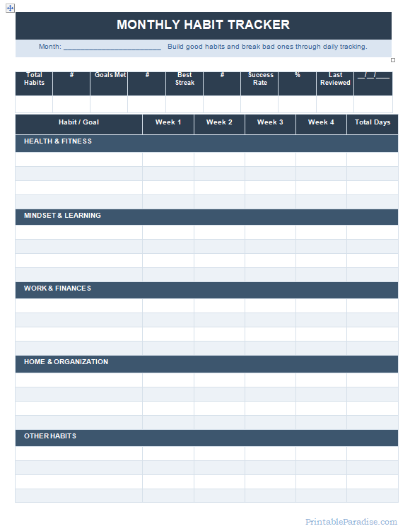 Printable Monthly Habit Tracker Sheet