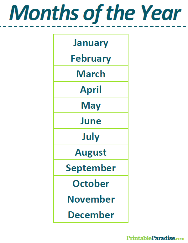 Printable List of the Months of the Year