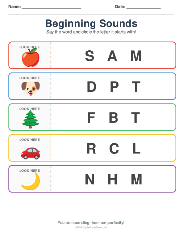 Printable Preschool Beginning Sounds Worksheet