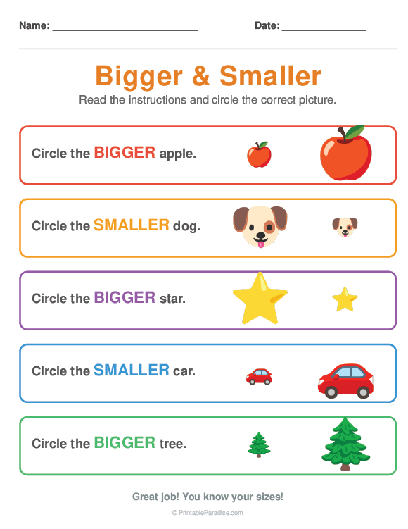 Printable Preschool Bigger or Smaller Worksheet