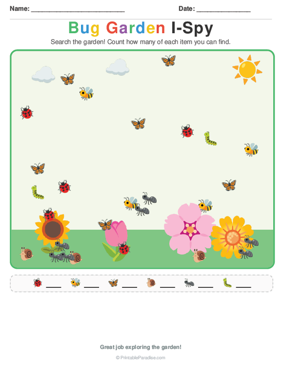 Printable Preschool Bug Garden I Spy Worksheet