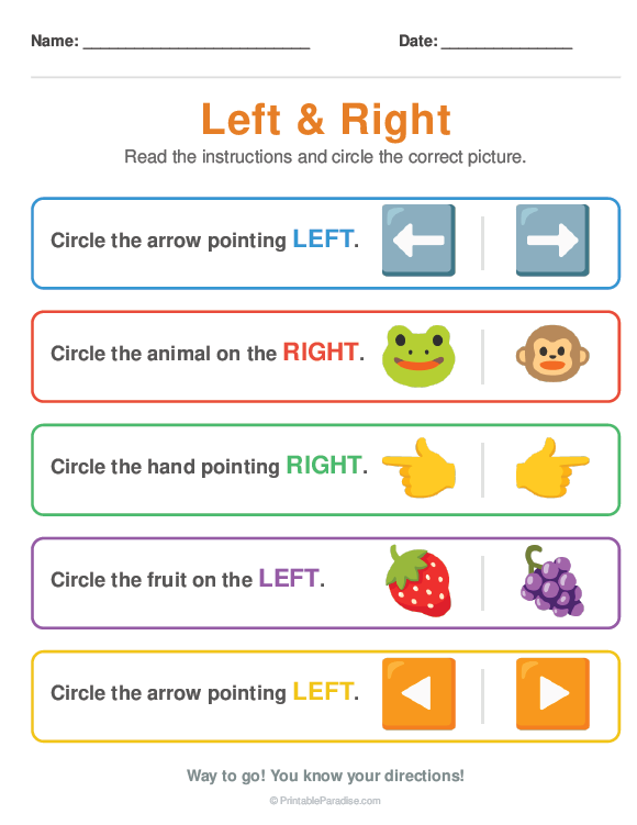 Printable Preschool Left and Right Directions Worksheet