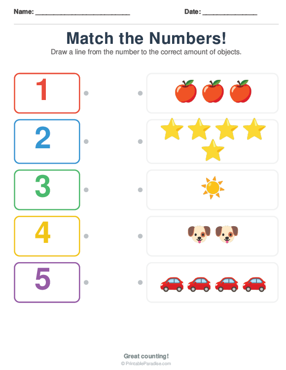 Printable Preschool Number to Quantity Worksheet