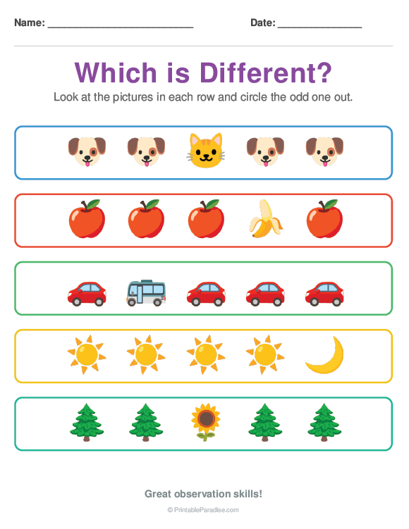 Printable Preschool Odd one Out Worksheet