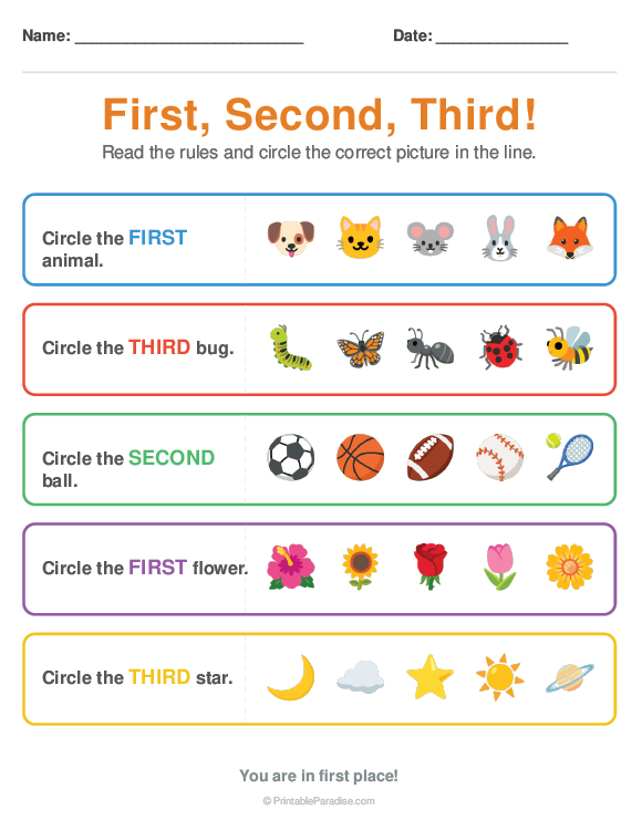 Printable Preschool Ordinal Numbers Worksheet