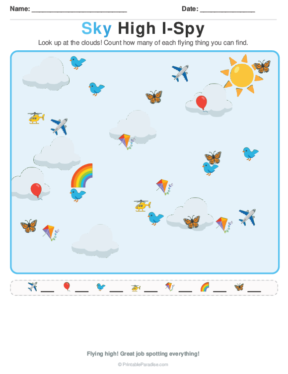 Printable Preschool Sky High I Spy Worksheet