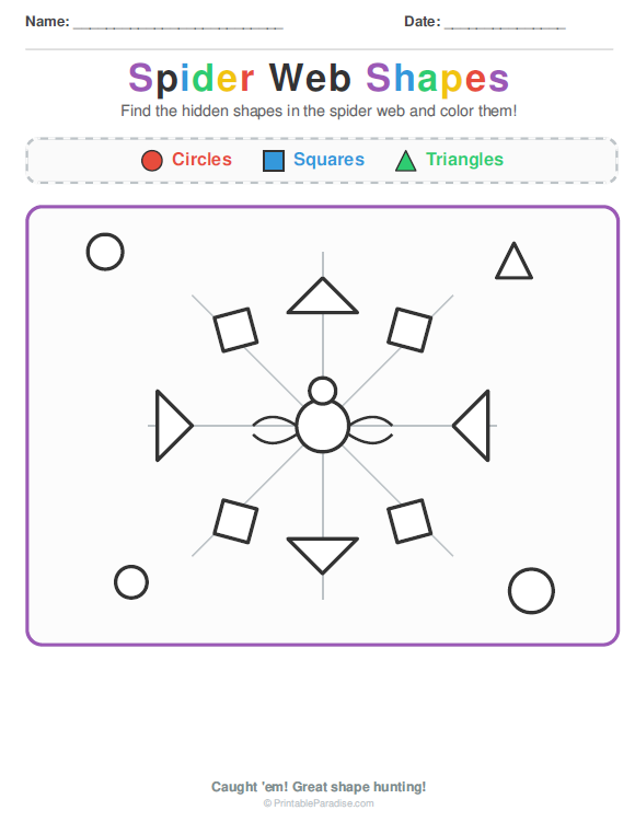 Printable Preschool Spider Shape Search Worksheet