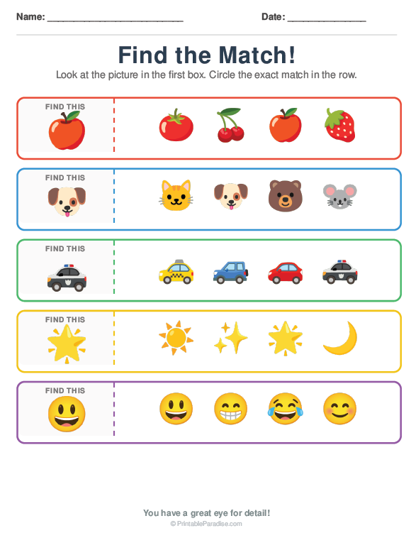 Printable Preschool Visual Discrimination Find the Match Worksheet