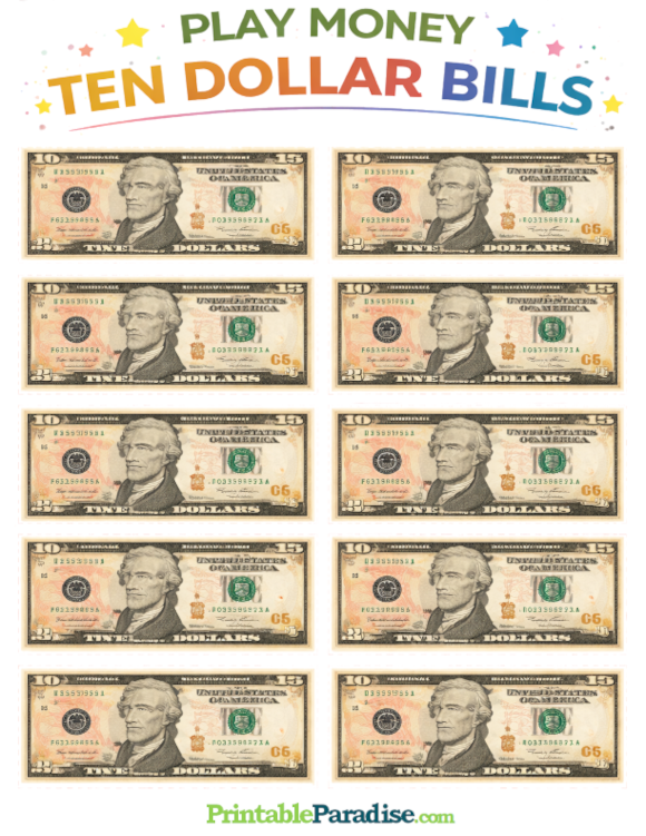 Printable Sheet of Play Money $10 Bills