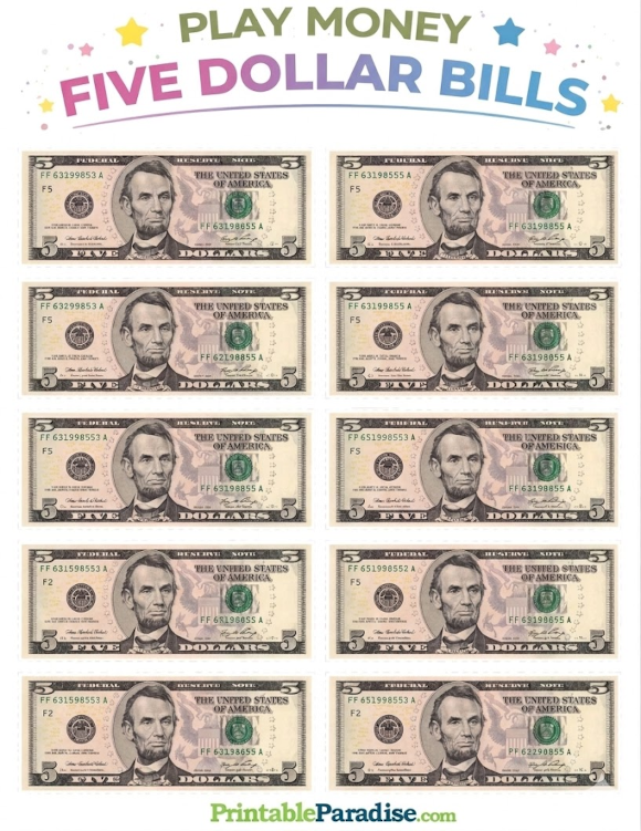 Printable Sheet of Play Money $5 Bills