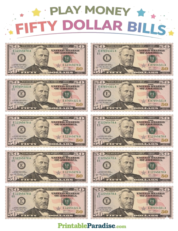 Printable Sheet of Play Money $50 Bills