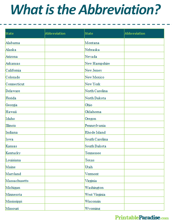Printable State Abbreviation Worksheet